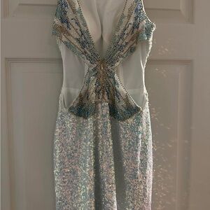 Off-White Green and White Tie Front Plunge Gown